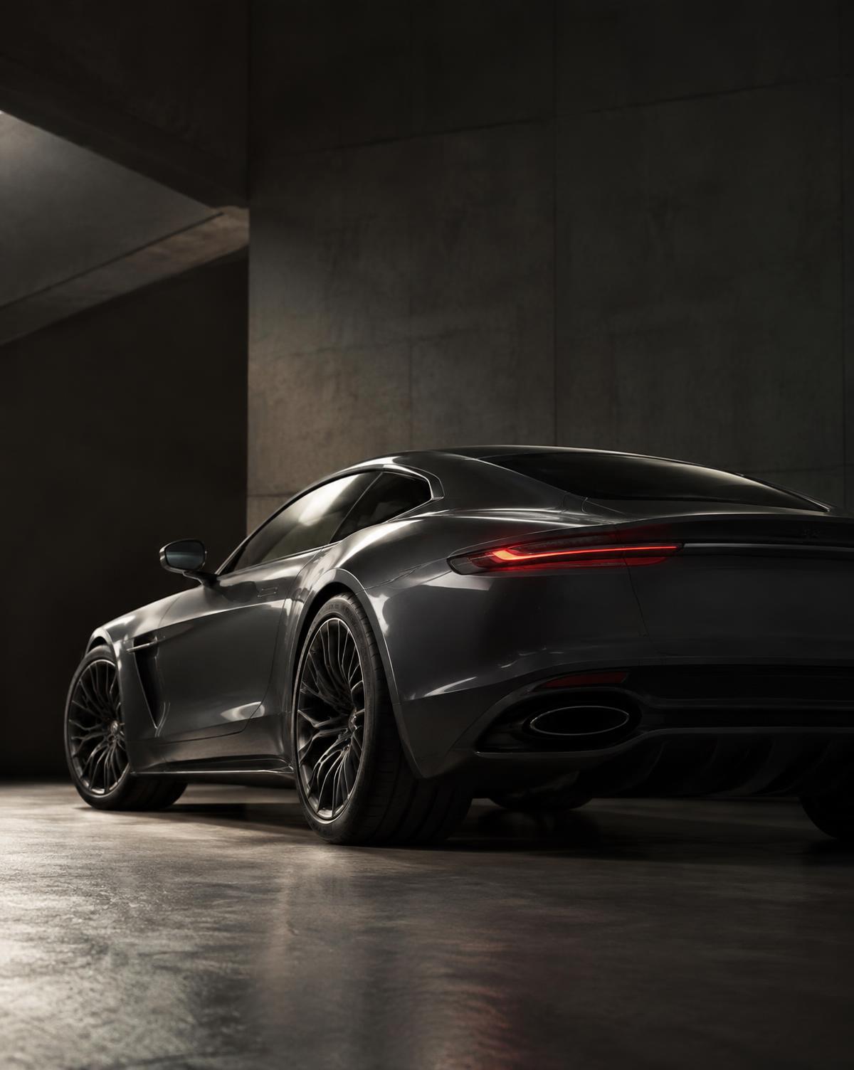Grand tourer in a concrete showroom