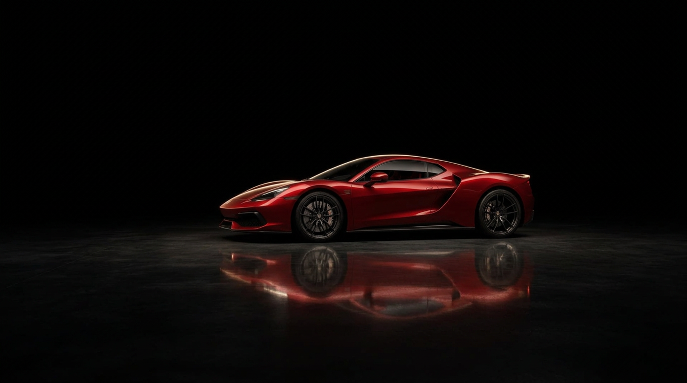 Red supercar under studio light in a dark showroom